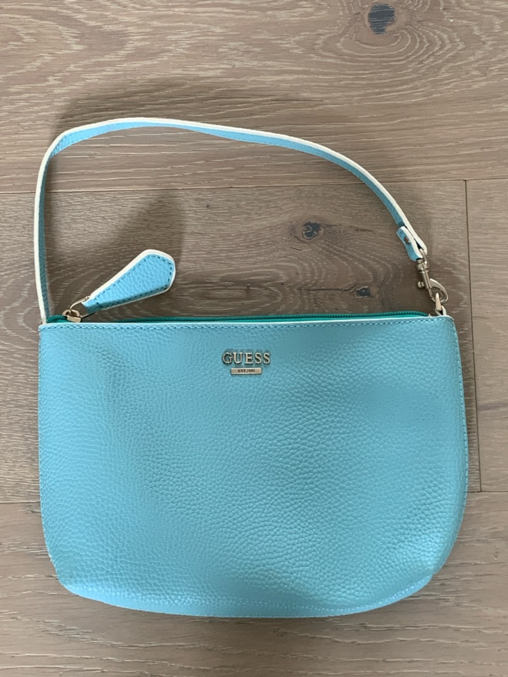 GUESS Turquoise Pebbled Leather Shoulder Pouch with Gold Logo